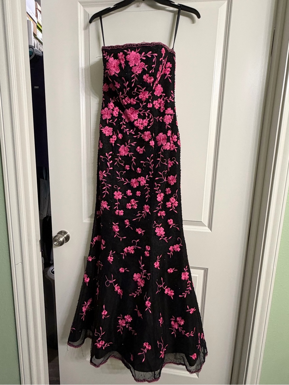 Jovani Black Strapless Gown with Hot Pink Floral Embroidery